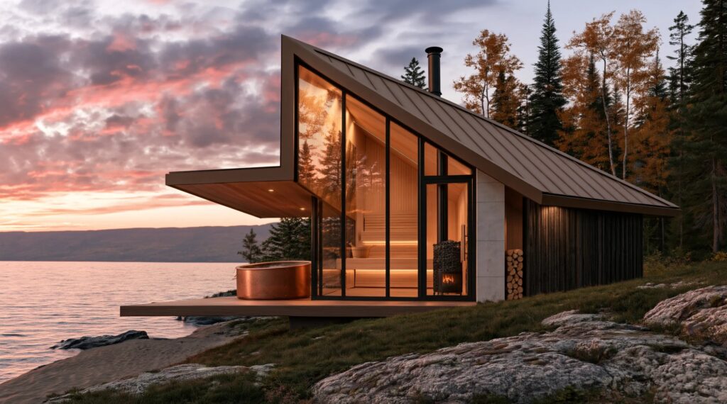 Drave House at dusk from the water: a steep glass gable lit from within, a sauna on bare rock below.