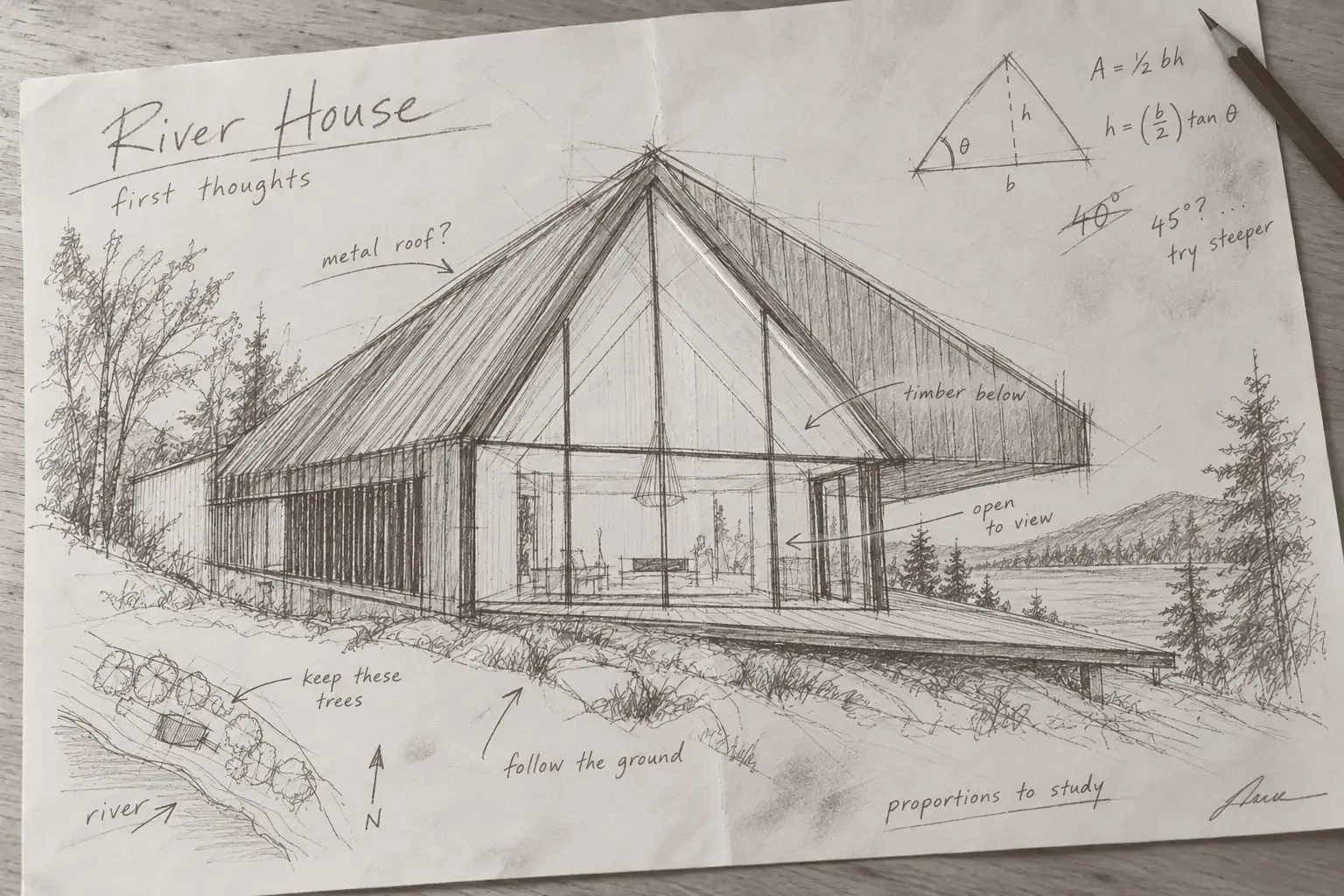 09-first-sketch A pencil sketch titled River House, first thoughts: a steep gable on a deck by the water.